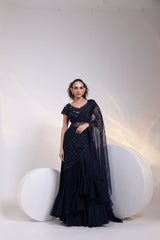 Starfall Navy Ruffle Saree-Gown