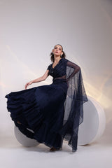 Starfall Navy Ruffle Saree-Gown