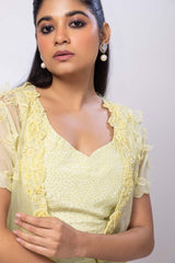 Lime yellow wildflower jacket and drape skirt set