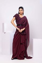Wine 3d Floral Blouse and Drape Saree Set