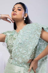 Romantic Green Pearl Embellished Drape Saree