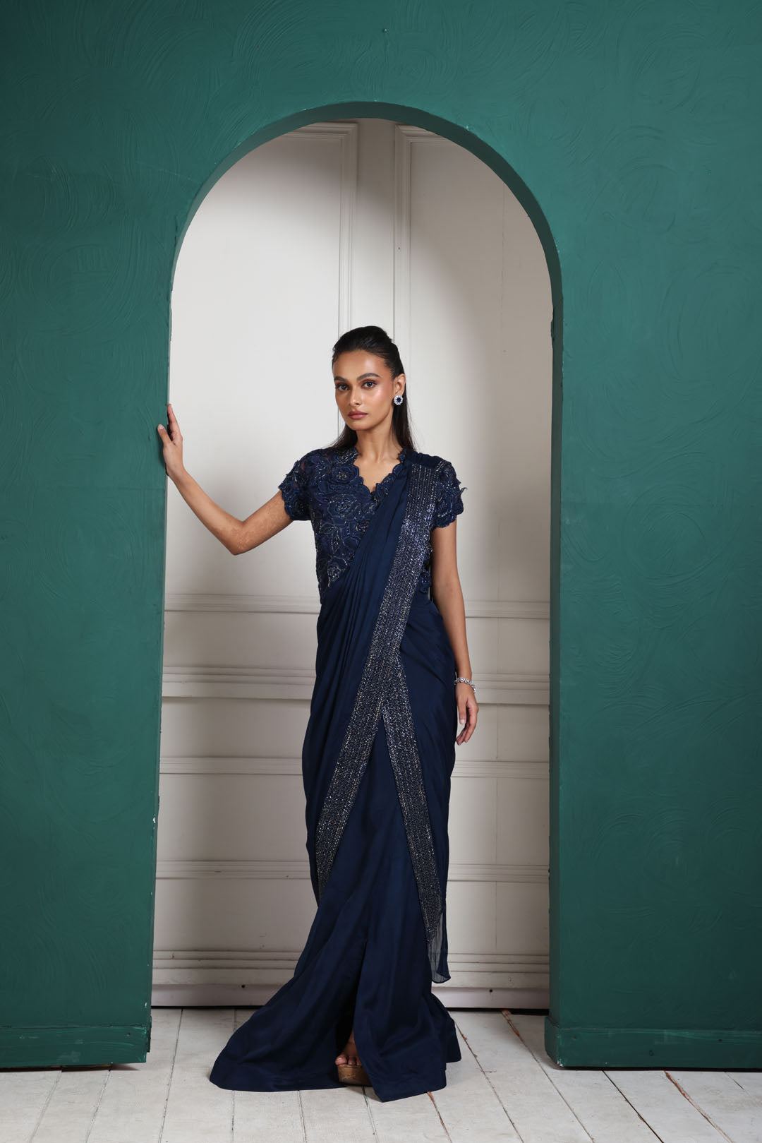 Smriti Apparel's Midnight blue drape Gowns with jacket - Rent main image 0