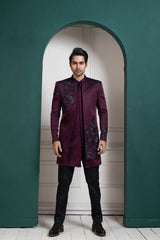 Plum Asymmetric Embroidered Bandhgala