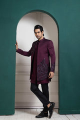 Plum Asymmetric Embroidered Bandhgala