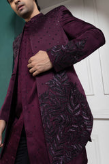 Plum Asymmetric Embroidered Bandhgala