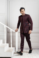 Embroidered Wine Bandhgala Set