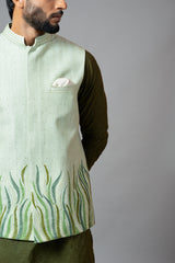 Olive Green Chanderi Kurta With Stitchlines Nehru Set