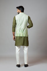 Olive Green Chanderi Kurta With Stitchlines Nehru Set