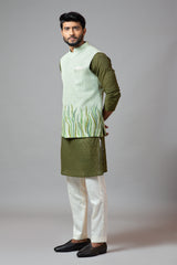 Olive Green Chanderi Kurta With Stitchlines Nehru Set