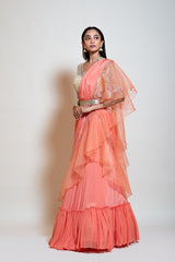 Peach Ruffle Drape Lehenga Saree