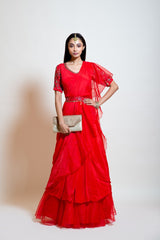Scarlet Red Layered Ruffle Drape Saree