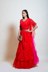 Scarlet Red Layered Ruffle Drape Saree