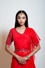 Scarlet Red Layered Ruffle Drape Saree