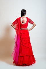 Scarlet Red Layered Ruffle Drape Saree