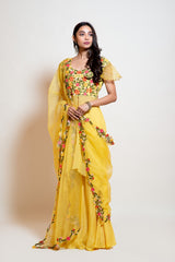 Light Yellow Orave Cut Kurta with Bell Bottom Flared Pants and Dupatta