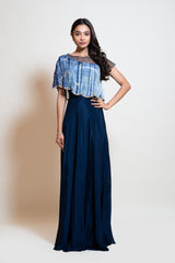 Navy Blue Leheriya Cape Gown