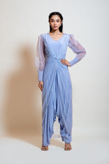 Greyish Blue Draped Dhoti Jumpsuit