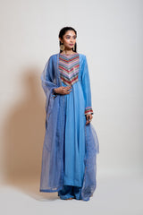 Greyish Blue Mirror Work Anarkali Set.