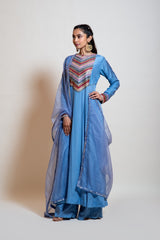 Greyish Blue Mirror Work Anarkali Set.