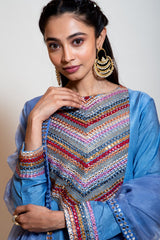 Greyish Blue Mirror Work Anarkali Set.