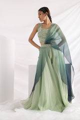 Green wave pant saree set