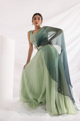 Green wave pant saree set