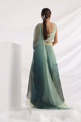 Green wave pant saree set