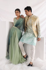 Green wave pant saree set