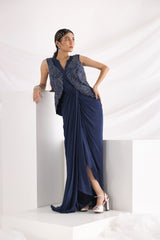 Midnight blue drape gown with jacket