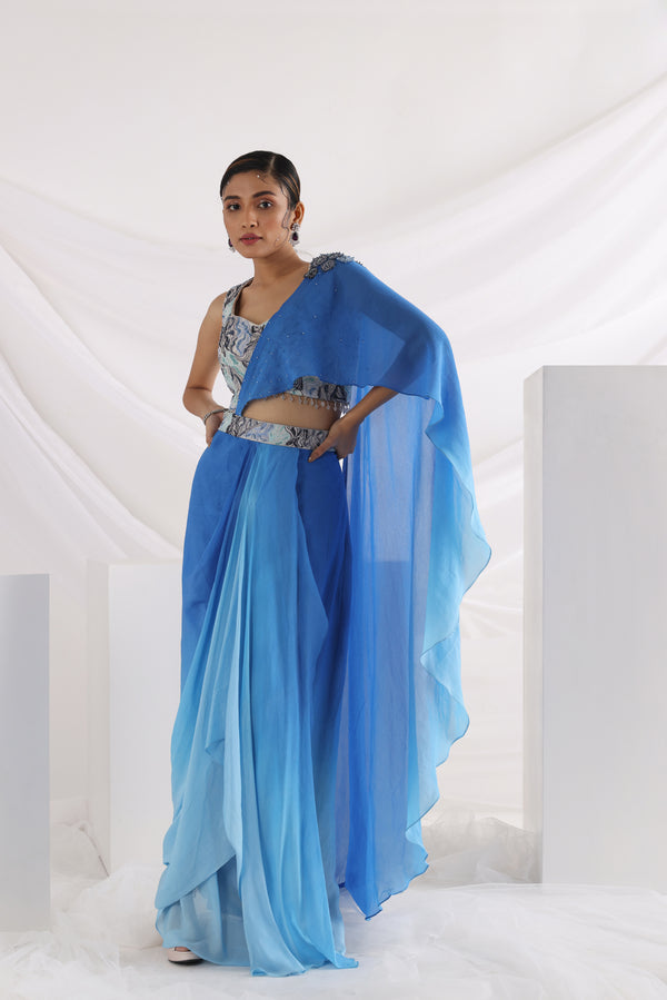 Oceanic blue drape saree set