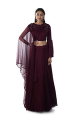 Wine Hand Embroidered Micro Pleated Cape Blouse & Layered Lehenga Set