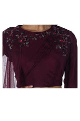 Wine Hand Embroidered Micro Pleated Cape Blouse & Layered Lehenga Set