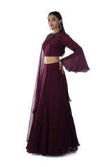 Wine Hand Embroidered Micro Pleated Cape Blouse & Layered Lehenga Set