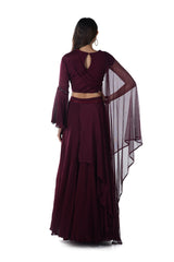 Wine Hand Embroidered Micro Pleated Cape Blouse & Layered Lehenga Set