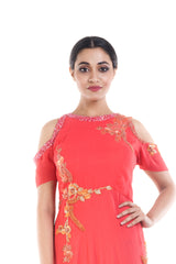 Bright Peach Cold Shoulder Gown