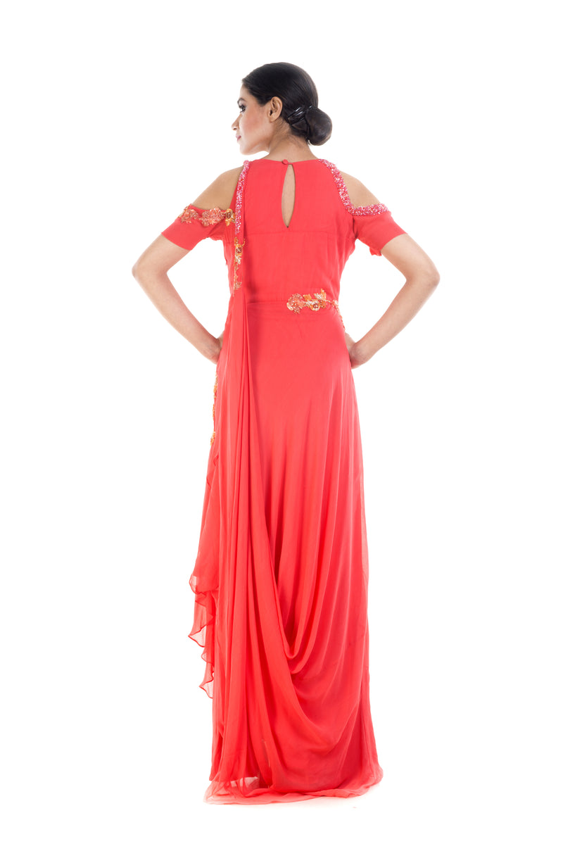 Bright Peach Cold Shoulder Gown