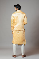Mustard Nehru jacket Mustard Assymetric double panel kurta with embroidered sleeve and pant pajama set