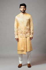 Mustard Nehru jacket Mustard Assymetric double panel kurta with embroidered sleeve and pant pajama set