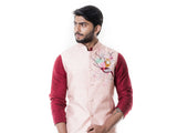 Maroon Cowl Kurta and Grey Churidar with Pink Waist Coat Set.