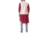 Maroon Cowl Kurta and Grey Churidar with Pink Waist Coat Set.