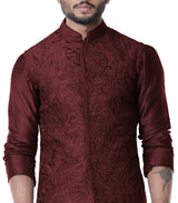 Wine Cowl Kurta with Full Embroidered Wine Waist Coat set.