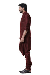 Wine Cowl Kurta with Full Embroidered Wine Waist Coat set.