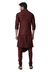 Wine Cowl Kurta with Full Embroidered Wine Waist Coat set.