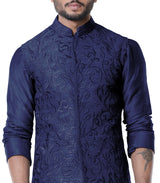 Space Blue Cowl Kurta with Full Embroidered Blue Waist Coat set.