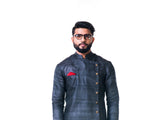 Charcoal Black Overlapped Ghicha Kurta & Jacket Set
