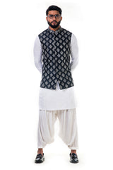 White Linen Satin Kurta Set With a Black Silk Nehru Jacket With White Cord Floral Embroidery