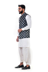 White Linen Satin Kurta Set With a Black Silk Nehru Jacket With White Cord Floral Embroidery