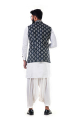 White Linen Satin Kurta Set With a Black Silk Nehru Jacket With White Cord Floral Embroidery