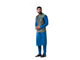 Blue Katan Silk Kurta Set With a Multicolour Scallop Nehru Jacket