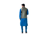 Blue Katan Silk Kurta Set With a Multicolour Scallop Nehru Jacket